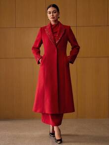 MOTF PREMIUM WOOL SEQUIN BEADED EMBROIDERY PANEL PEAK COLLAR SLANT POCKET OVERCOAT