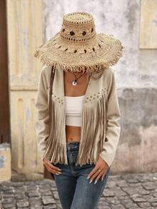 Brillora Women's Solid Color Fringe Trim Open Front Jacket In Fall/Winter - Khaki - View 6