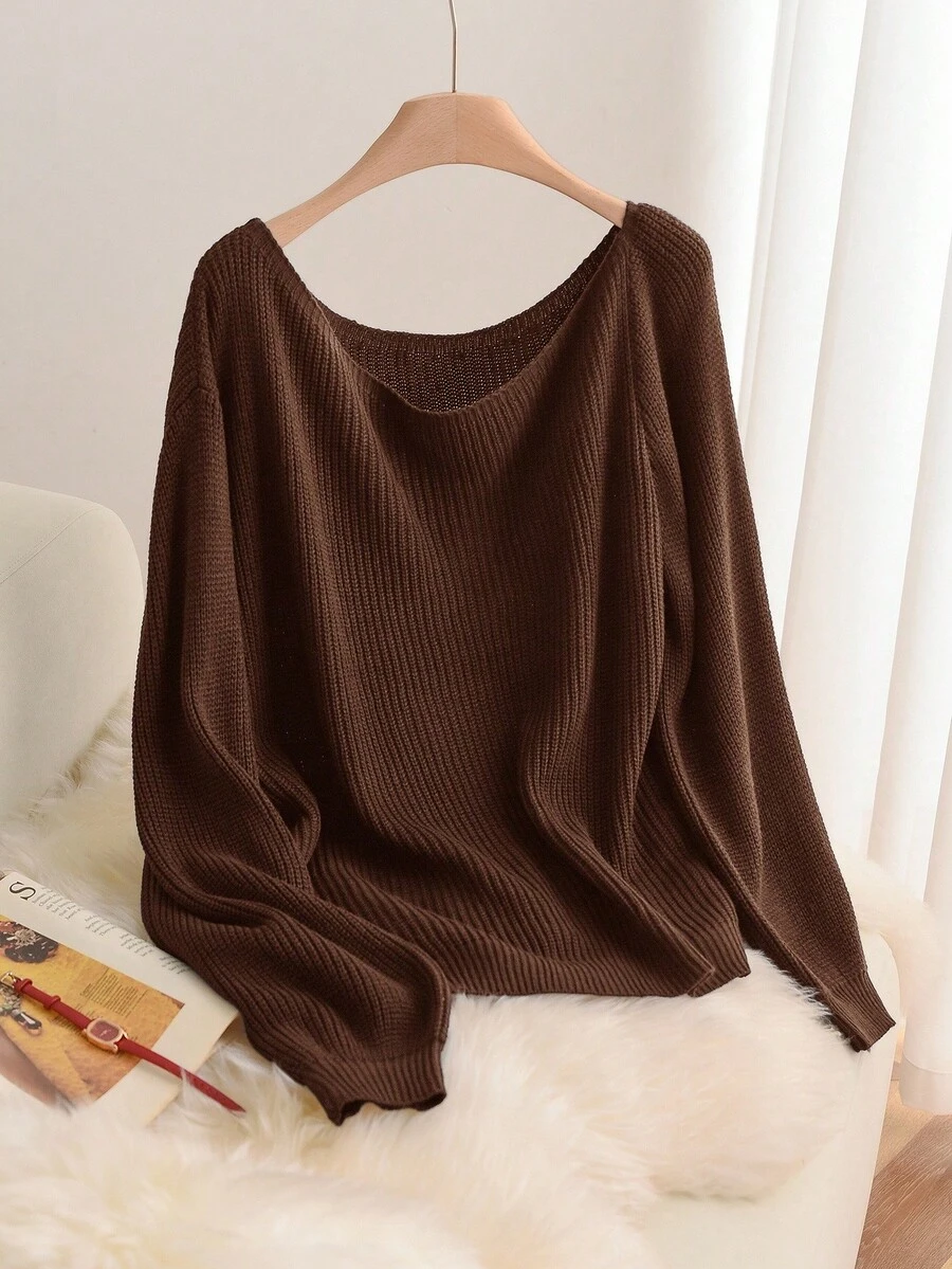 SHEIN Essnce Quần áo nữ cỡ lớn mùa thu mùa thu Quần áo nữ thời trang mới thường ngày đi làm vải chải thường ngày màu trơn màu xanh nước biển rộng rãi mặc nhiều lần (một bên vai, vai xiên, vai thường) Áo len dệt kim, áo len chui đầu hở vai, áo dài tay hở vai, áo len nữ mùa thu, - màu nâu - Xem 1