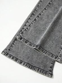 Jeans elásticos de cintura ajustable con bordado de lazo gris oscuro y copos de nieve, estilo urbano y callejero Y2K para niñas preadolescentes - Negro - Ver 8