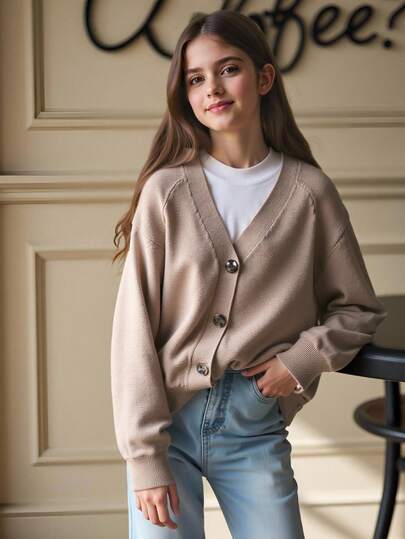 SHEIN 女童休闲百搭针织开衫，保暖舒适，适合叠穿，秋冬季校园穿着
