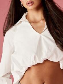 MISSGUIDED Crop Button Down Collared Blouse Long Sleeve White Bubble Hem Shirt High Waist Asymmetric Design Fashion Top Elegant Office Style Business Casual - White - View 6