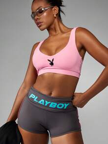 Missguided x Playboy Áo ngực thể thao nén thun đàn hồi hiệu suất cao có logo thỏ, tập luyện thể dục, chạy bộ, yoga, áo crop top thể thao thấm hút mồ hôi, thoáng khí, trang phục biểu diễn - Hồng - Xem 1