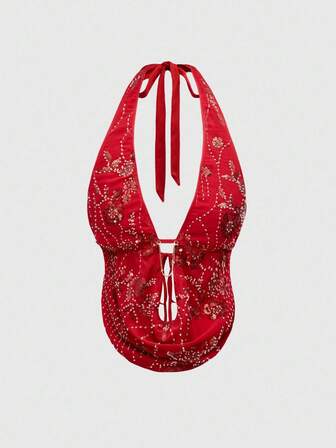 Stark perlenbesticktes, rückenfreies, drapiertes Ausschnitt Urlaubs-Sexy Damen Trägertop