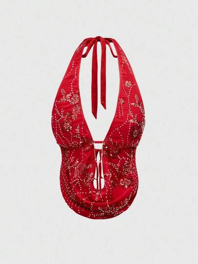 ملابس علوية سيدات مثير بتطريز مخرز وظهر مكشوف وياقة متدلية مناسب للعطلات