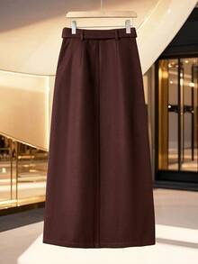 Franclia Women's Elegant Autumn/Winter Commuter Straight Wool Skirt With Metal Decor Buttons And Front Center Slit - Brown - View 2