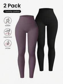 Easithlete 2 条装女式罗纹紧身裤 - 高腰收腹提臀修身瑜伽裤，适合健身、运动、跑步、骑行、瑜伽、泡菜球运动，休闲两件套紧身裤套装，无缝紧身裤瑜伽裤套装 - 彩色 - 查看 2