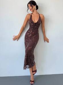 Firerie 女士新款亮片深 V 领收腰露背性感派对美人鱼长裙，性感亮片礼服，适合派对、婚礼、宴会、春夏、初秋、性感、约会、聚会、宴会、年会、婚礼季、毕业典礼、毕业舞会、表演服、音乐会、女士生日礼服、茶会 - 咖啡棕 - 查看 5