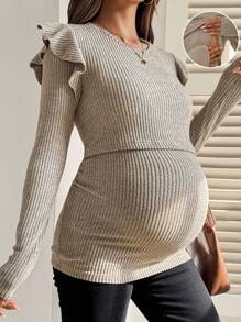 SHEIN 秋装，秋季服装，孕妇装 秋季服装 孕妇休闲纯色荷叶袖哺乳上衣 孕妇装 长袖孕妇上衣 米色孕妇上衣 罗纹孕妇上衣 哺乳孕妇上衣 哺乳服 孕妇衬衫 产后服装 孕妇上衣 孕妇衬衫 - 杏色 - 查看 3