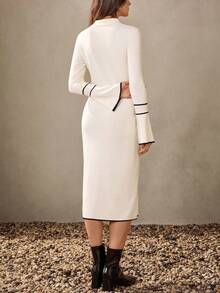Wildy Women's Elegant Black And White Contrast Trim Knit Dress,Slim-Fit Long Sleeve Collared Sweater Dress For Office,Autumn Business Casual Wrap Outfit - Beige - View 7
