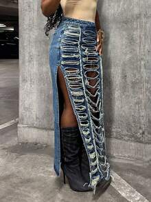 StreetHx Váy mini denim xẻ cao phong cách đường phố gợi cảm - Rửa trung bình - Xem 4