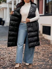 Vionelle 加大码女式连帽大口袋背心夹克长款秋冬时尚保暖外套配腰带冬季秋季羽绒背心 - 黑色 - 查看 12