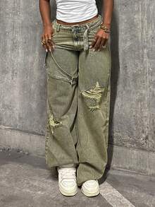 StreetHx Jeans de mujer de pierna ancha y suelta con botones - Azul - Ver 1