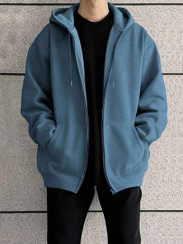 Manfinity Dauomo Men's Solid Color Casual Everyday Versatile Long Sleeve Zip Up Hoodie Sweatshirt, Fall - Teal Blue - View 2