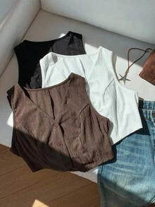 Comfortcana 3件套女士休闲度假日常简约百搭纯色提花纽扣前开襟上衣，夏秋季无袖上衣 - 彩色 - 查看 4