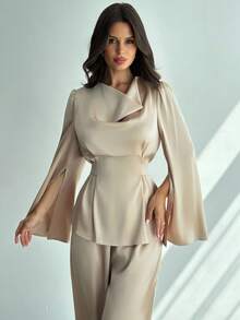 Firerie Bộ 2 món áo cánh dài tay buộc dây màu mơ và quần ống rộng cạp chun co giãn bằng vải satin cho nữ, bộ đồ áo cánh tay xẻ, bộ đồ màu mơ, trang phục thanh lịch/đi làm/thường ngày/công sở/văn phòng/vừa phải/tiệc tùng/tiệc tùng/trang phục giáo viên nữ - Màu be - Xem 5