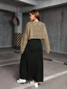 SHEIN Essnce 大码女装春秋季时尚休闲宽松舒适基础款日常灰色长袖露脐上衣和黑色马甲长裙两件套，春季服装，连衣裙套装，曲线套装，女士秋季服装 - 杏色 - 查看 2