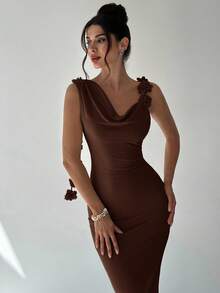 Firerie 女士夏季新款优雅浪漫迷人派对婚礼宾客毕业装杏色低胸不对称肩部无袖 3D 花卉丝带露背直筒连衣裙，适合返校、机场、外出 - 咖啡棕 - 查看 4