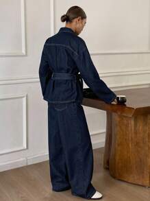 DAZY Autumn/Winter New Loose Casual Distressed Wash Waist Cinched Women Denim Suit