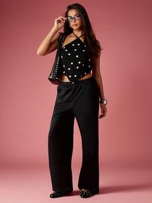 MISSGUIDED Wide Leg Palazzo Pants High Waist Casual Loose Fit Retro Elegant Evening Party Office Spring Summer Fall Fashion - Black - View 4
