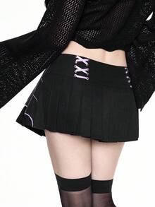 ROMWE Goth 哥特式万圣节俏皮蝙蝠与蜘蛛网刺绣撞色A字褶裙女款 - 黑色 - 查看 3