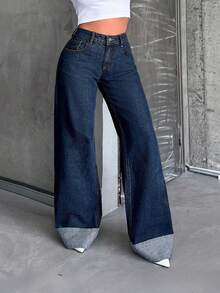 SHEIN PETITE HIGH WAIST100%Cotton Rolled Up Wide Leg Jeans - Medium Wash - View 4