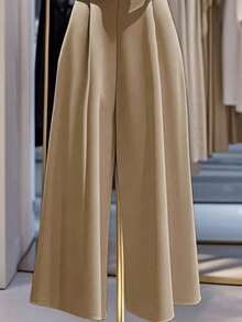 SHEIN Franclia Women's Fashionable & Elegant Plunging Neck Short Sleeve Loose Jumpsuit - Khaki - View 4