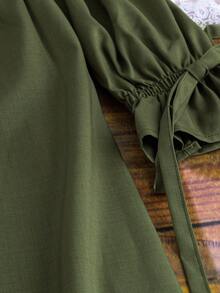 Linhara Plus Size Women Solid Color Long Sleeve Round Neck Pleated Front Loose Fit Elegant Vintage Versatile Casual Dress Fall Cloth For Women - Army Green - View 5