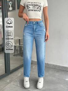 SHEIN Cottnline 100%纯棉休闲破洞锥形牛仔裤 - 淺色水洗藍 - 查看 1