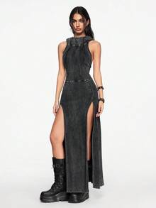 ROMWE Grunge Punk Trang phục lễ hội âm nhạc Punk Apocalyptic Wasteland có mũ trùm đầu hở lưng, buộc dây, xẻ tà cao, họa tiết bông tuyết ôm sát dành cho nữ - Màu xám đen - Xem 4