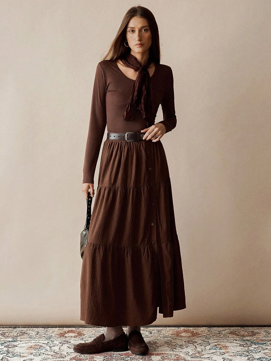Chiquease Women's Knit Long Sleeve Bodycon 2 Pieces Set, Women's Brown 2 Pieces Set Fall Cloth For Women - Coffee Brown - View 1