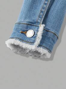 SHEIN 2pcs Young Boy Blue Denim Thermal Lined Jacket With Collar And Elastic Skinny Pants Set, Autumn/Winter Fall