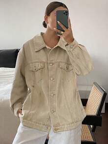 Livesso 女式宽松翻领大口袋牛仔夹克，秋季 - 卡其色 - 查看 6