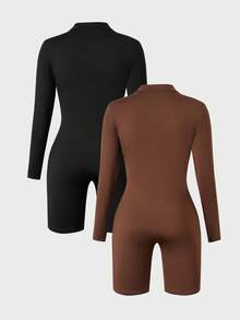 Teen GirlCasual All-Match Versatile Sports Street Yoga Skiing Diving Zip-Up Stand Collar Long Sleeve Shorts Tight Jumpsuit Fall Winter - Multicolor - View 2