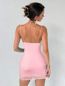 Aloruh 全新浪漫性感闪光撞色网眼低胸吊带背心裙，搭配短裤、防闪光迷你裙 - 淺粉色 - 查看 2