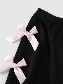 Tween Girl Asymmetric Collar Long Sleeve Sweatshirt With Bow Decor, Autumn Fall Winter - Black - View 4