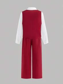SHEIN 3pcs Tween Boy Casual Gentleman Outfit - Vest, Shirt, Shorts With Bowknot, Suitable For Commuting, School, Daily Casual Wear, Spring/Summer, Also Suitable For Wedding, Birthday Party, Christmas Christmas Christmas Christmas Red Christmas Autumn Winter Clothes For Girls - Red - View 3