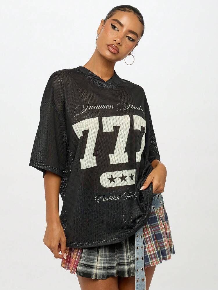 SUMWON WOMEN Black Mesh Varsity Jersey With Collegiate Print