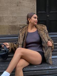 DAZY Áo khoác trùm đầu tay dài dáng rộng phong cách đường phố thu đông, áo khoác lông nhân tạo dành cho nữ - màu nâu - Xem 5