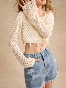 少女镂空短袖轻薄罩衫，欧美度假风，春夏季