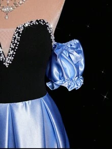 Viva Relle 大码女式优雅浪漫派对鸡尾酒婚礼宾客礼服，蝴蝶结露肩仿珍珠装饰泡泡袖，塔夫绸腰部收紧 A 字飘逸长裙 - 彩色 - 查看 6