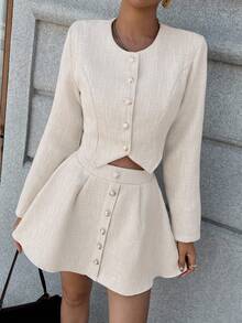 Pariaura 2件套粗花呢长袖衬衫和纽扣前裙 - 卡其色 - 查看 4