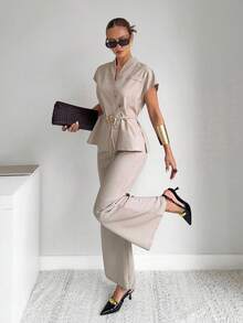 Siren Gaze Autumn Women's Suits, Elegant Commuter Waistcoat Two-Piece Suits, Casual Formal Wear, Old Money Style Wear, Autumn Women's Clothing, Graduation Season, Travel Clothing Summer - Apricot - View 3