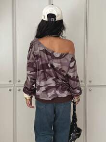 Flirla Women's Casual Camouflage Print Oblique Shoulder Long Sleeve Street Style Sweatshirt Fall Cloth For Women - Multicolor - View 2
