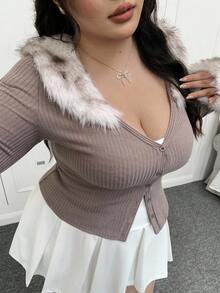 CovetEZ Áo khoác tay dài ôm sát cổ lông màu khối cỡ lớn, mùa thu/đông - Màu Khaki - Xem 4