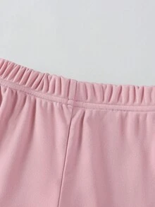 SHEIN 2pcs/Set Young Girl' Minimalist Fashion Pink Bow Black Top And Pink Pants Sweatsuit Set Fall Winter