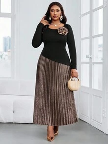 SHEIN Lady Women's Black Autumn Elegant Two Pieces Suit,Formal Evening Wedding Guest Luxury Plus Size Pleated Maxi Skirt & 3D Flower Knitted Round Neck Top - Multicolor - View 4