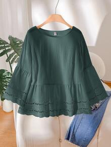 CosyJoli Plus Size Women Casual Apricot Hollow Floral Lace Patchwork Shirt, Suitable For Summer Vacation