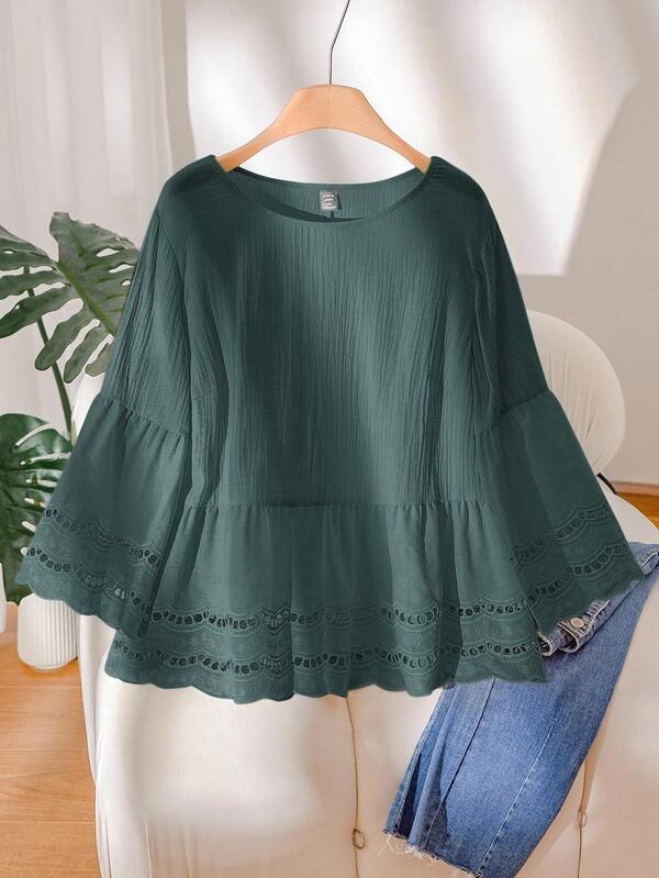 CosyJoli Plus Size Women Casual Apricot Hollow Floral Lace Patchwork Shirt, Suitable For Summer Vacation