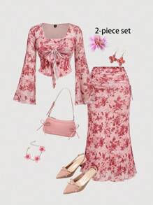 SHEIN MOD 大码女式花卉印花扭纹前开襟喇叭袖上衣和鱼尾裙优雅套装 - 粉色 - 查看 1
